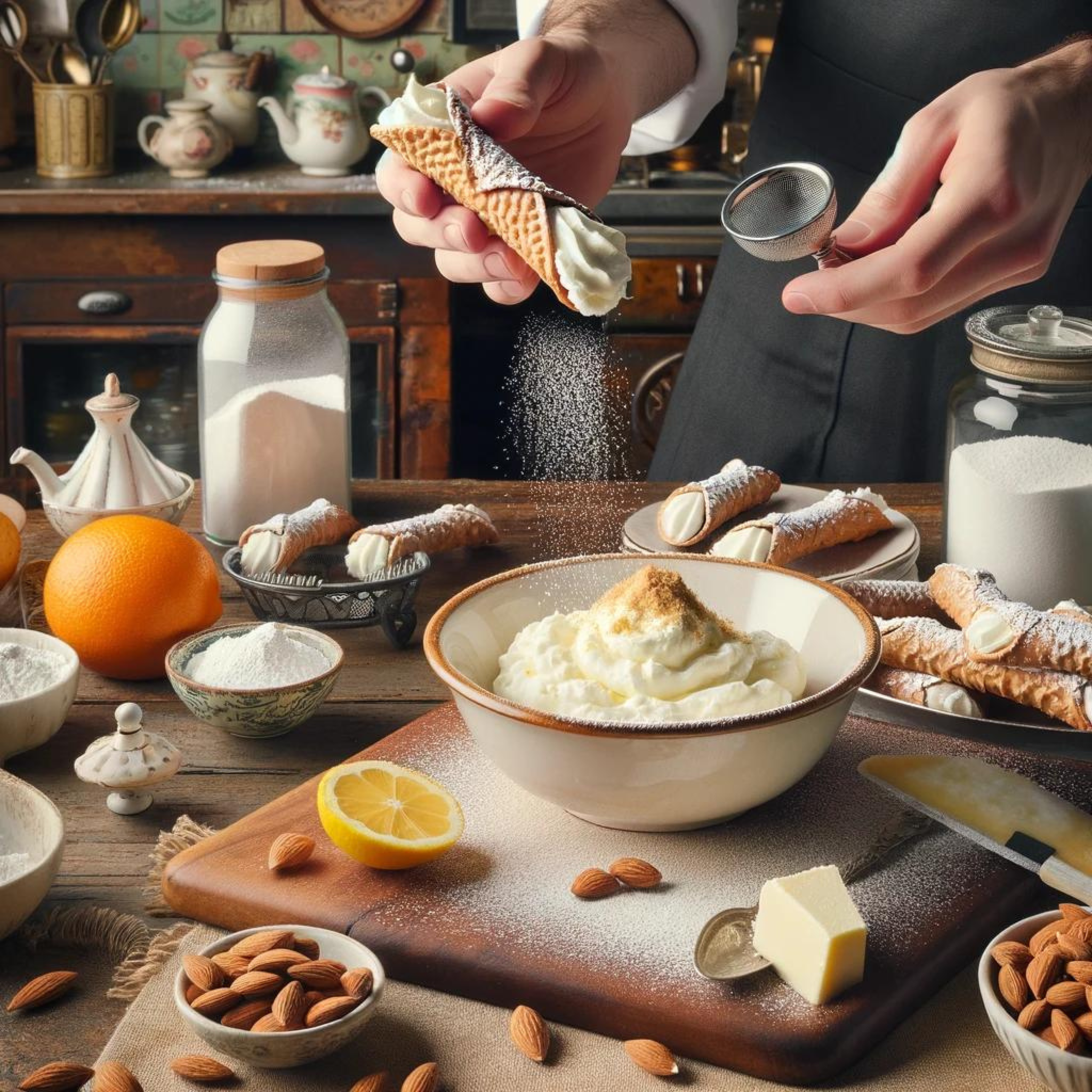 Een banketbakker maakt cannoli vulling in een klassieke keuken